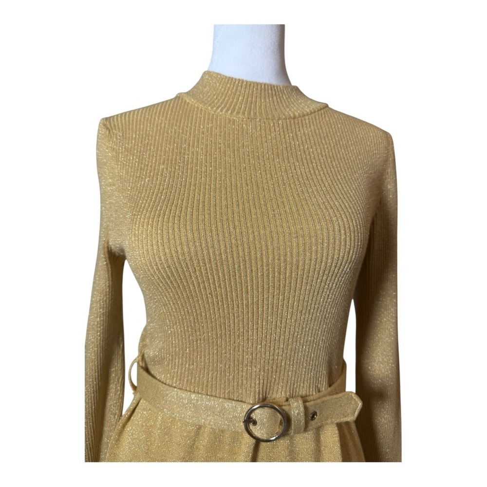 Free People XS Gold Metallic Knit Dress Shimmer Mock Neck Belted Knit Dress - Picture 4 of 7